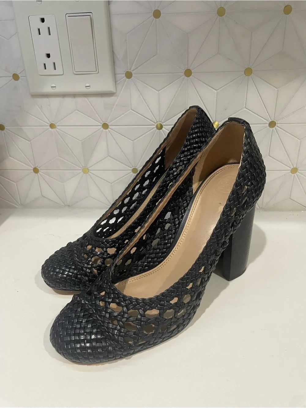 Tory Burch Black Woven Block Heel Pumps